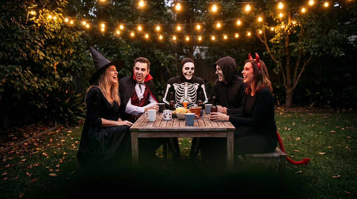Group Halloween costumes: friends in themed costumes at a backyard party in Australia, 2026