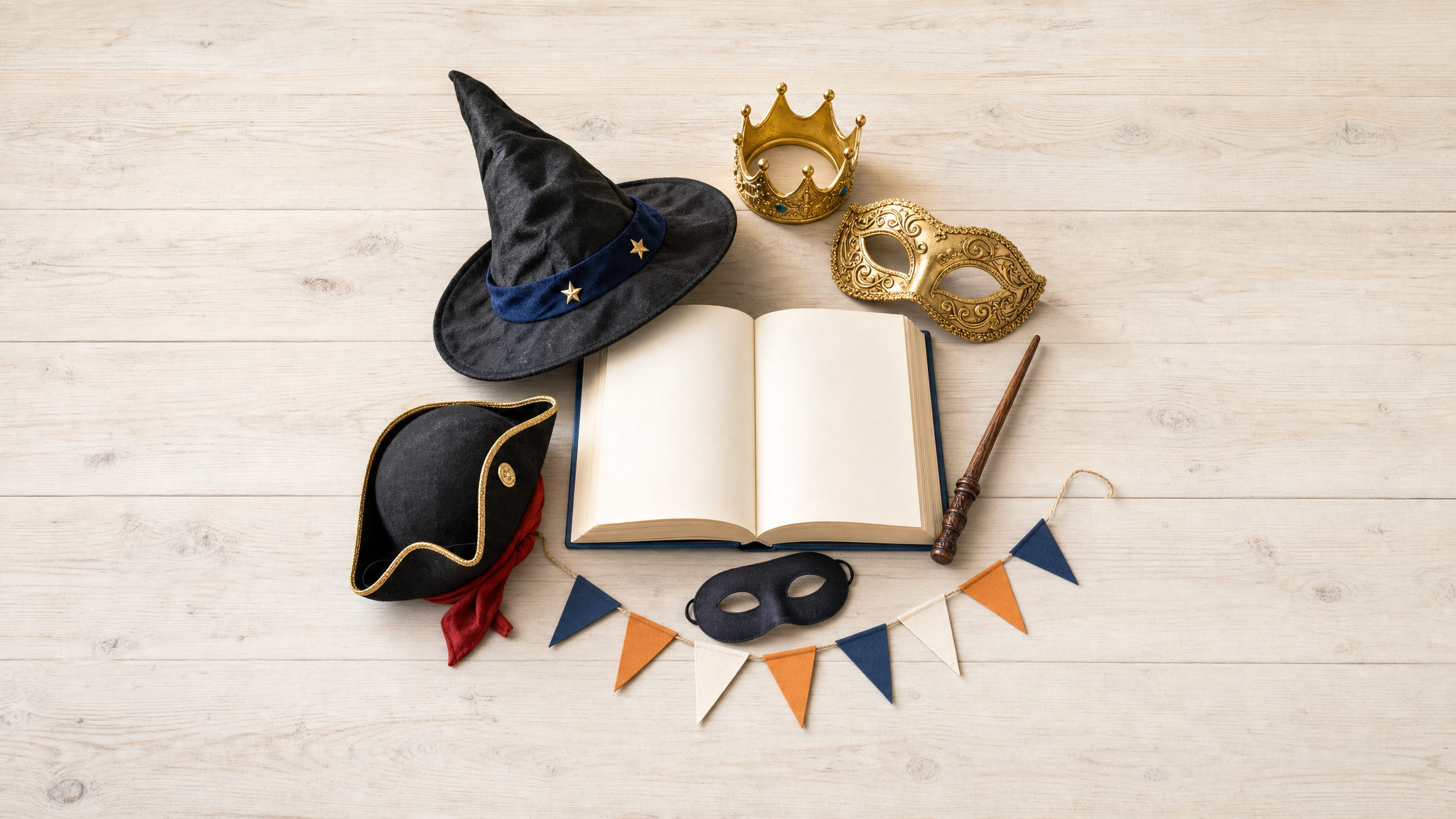 Book Week 2026 costume ideas flat lay with wizard hat, wand, mask, crown, storybook and bunting