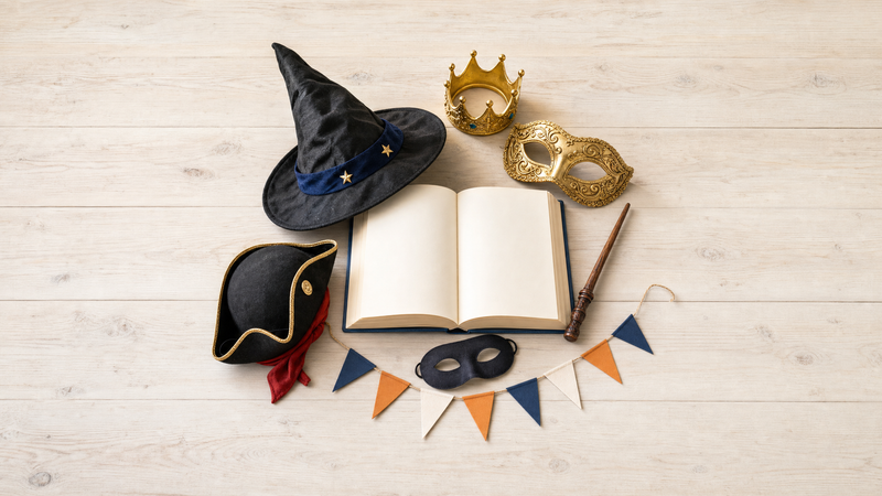 Book Week 2026 costume ideas flat lay with wizard hat, wand, mask, crown, storybook and bunting