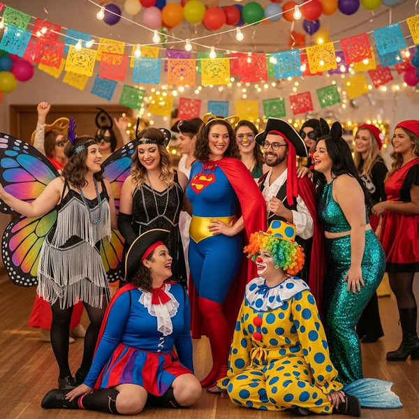 Diverse individuals in plus size costumes celebrating body positivity