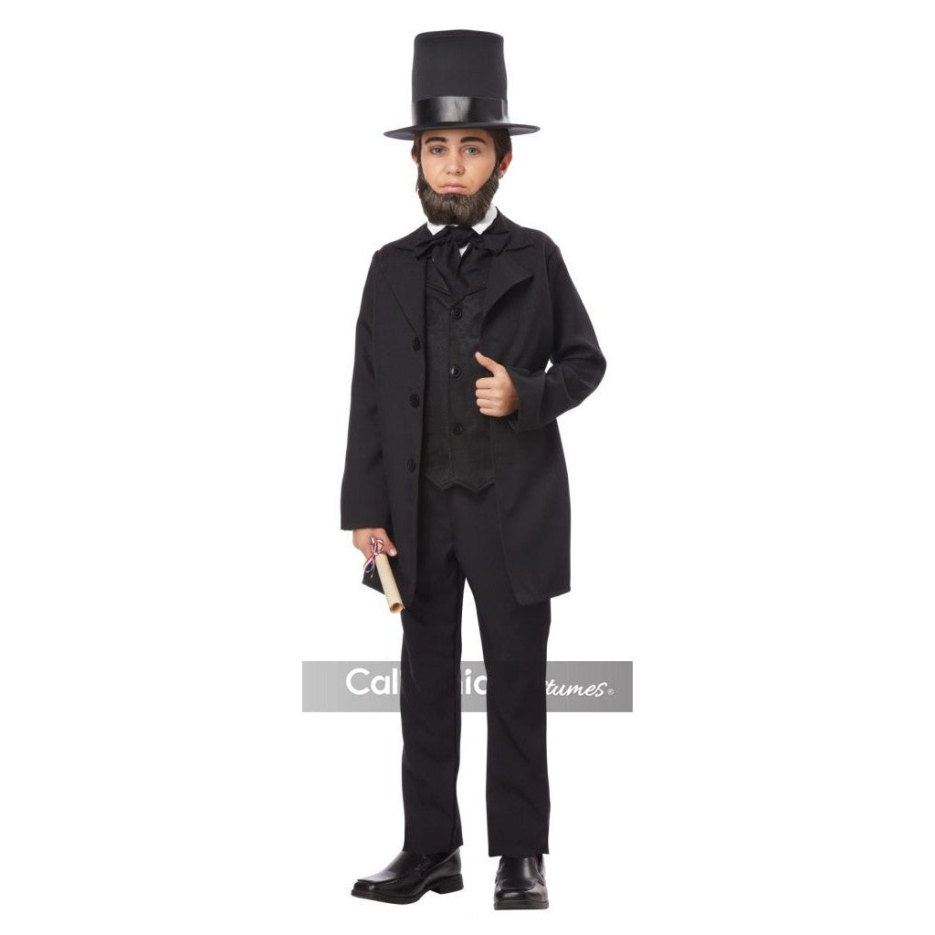 Photo of a detailed Abraham Lincoln child costume with top hat and coat, perfect for historical dress-up
