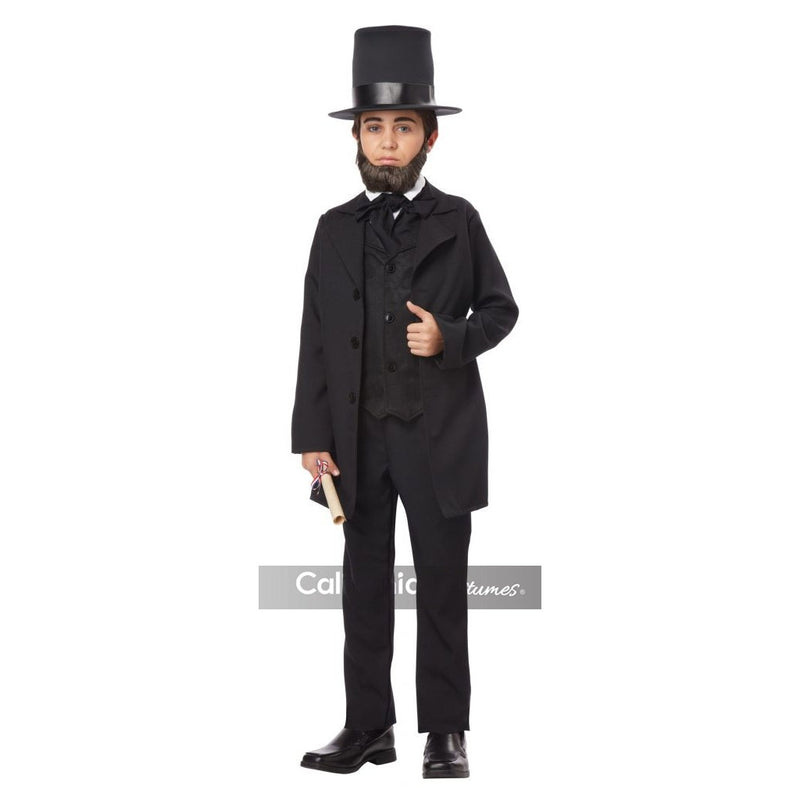 Photo of a detailed Abraham Lincoln child costume with top hat and coat, perfect for historical dress-up