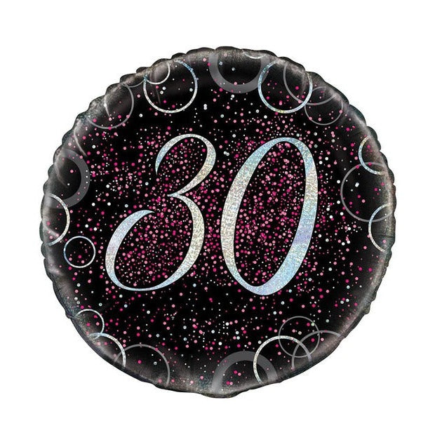 30th Birthday Round Foil Balloon - Black, Pink & Silver Glitz 45cm
