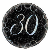 30th Birthday Round Foil Balloon - Black & Silver Glitz 45cm