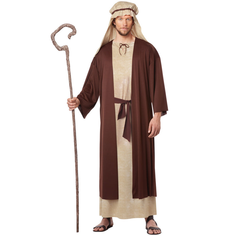 Full-length adult costume depicting Saint Joseph with shepherd staff and robes