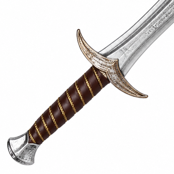 A fantasy sword with a silver steel blade, a curved gold-colored crossguard, and a brown wrapped grip with gold accents, shown diagonally on a plain white background.