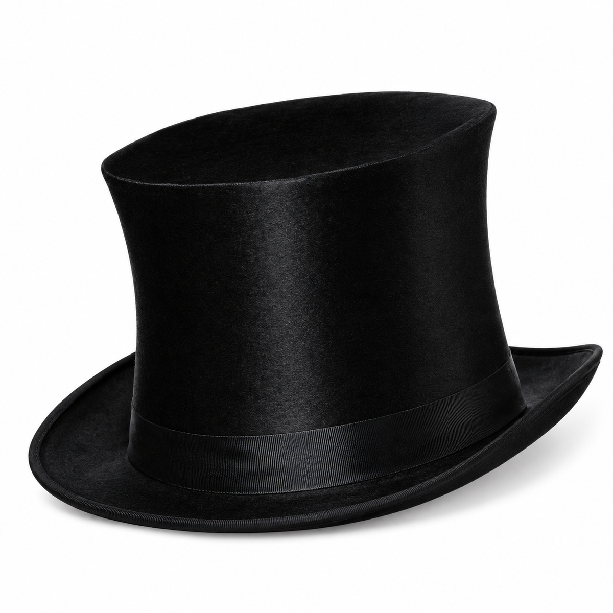 A classic black satin top hat with a matching ribbon band, shown from a three-quarters angle on a clean white background.