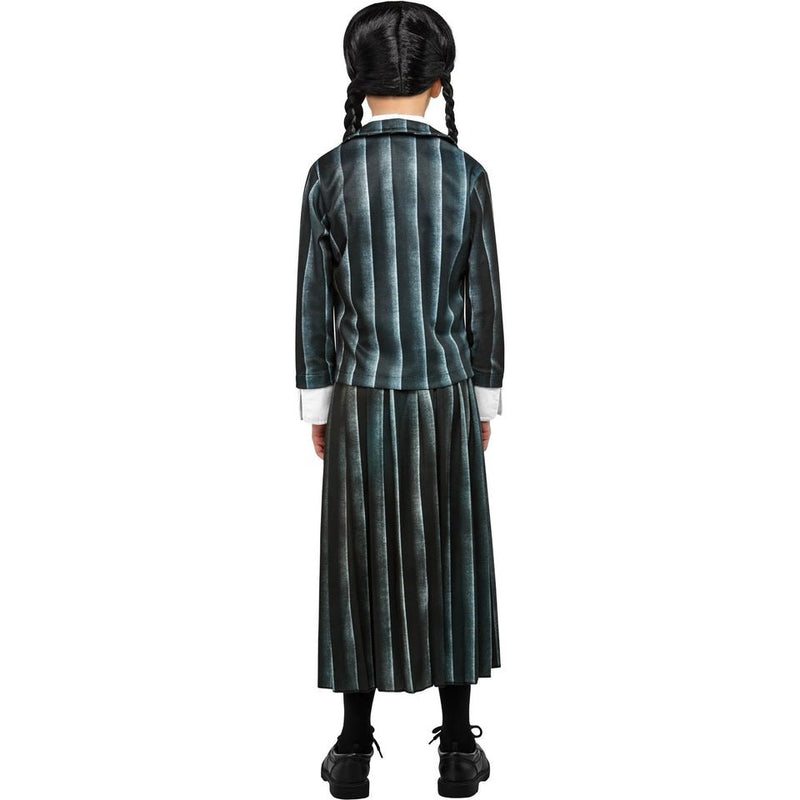 It features a black dress with a white collar and cuffs