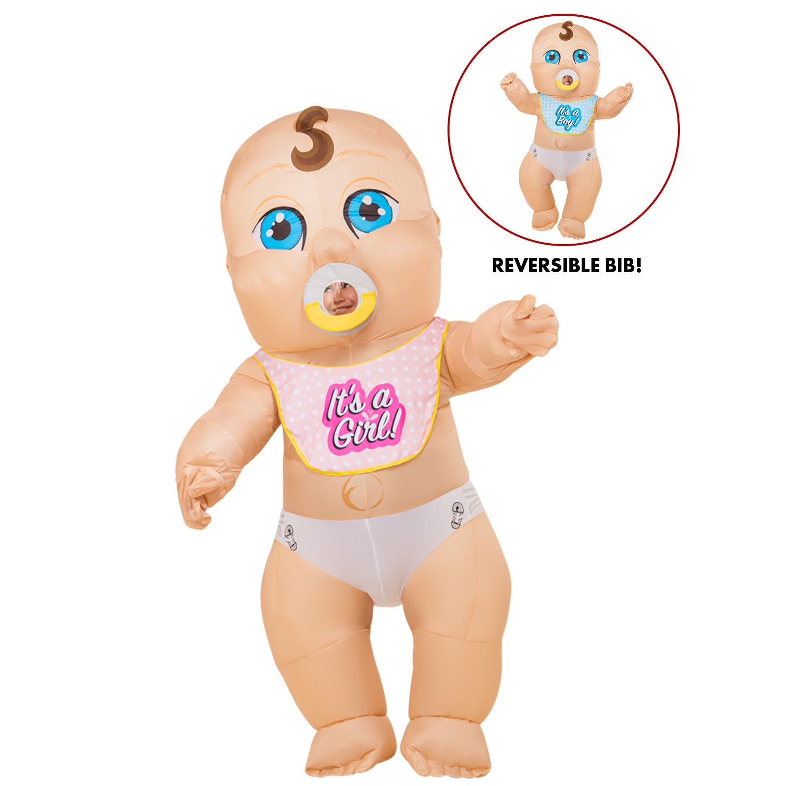 Gender Reveal Baby Inflatable Costume – Adult, a fun and festive outfit perfect for gender reveal parties and baby showers, features a large inflatable baby carrying a pink and blue balloon