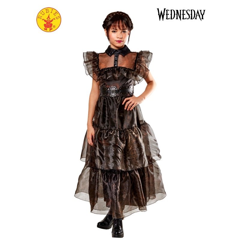 A child wearing the Wednesday Rave'N Deluxe Costume with black and purple dress, striped tights, and headband with bat wings