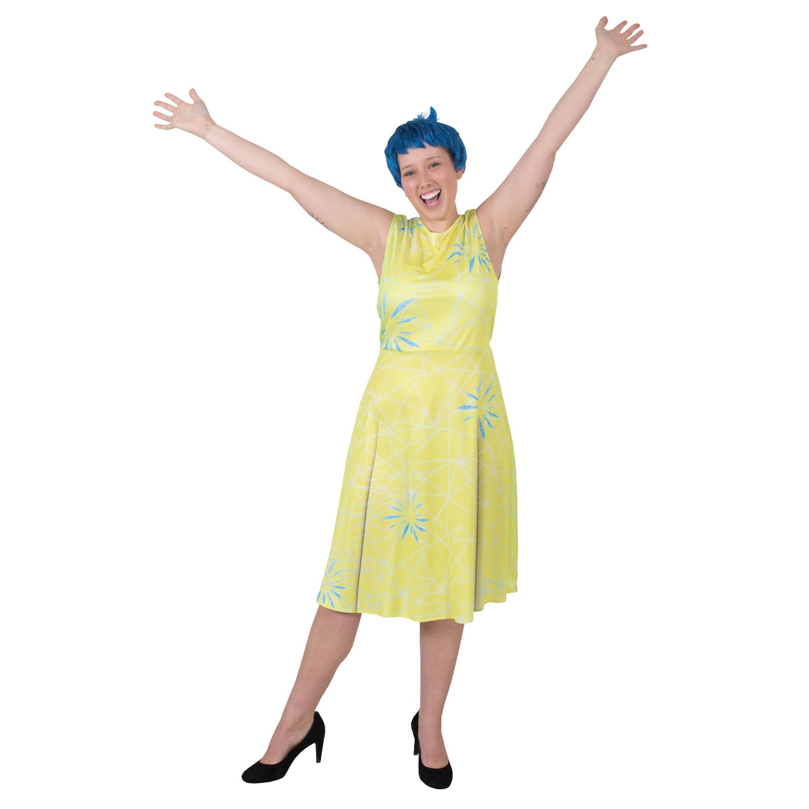 Woman wearing Joy ‘Inside Out’ Costume with blue wig and yellow dress
