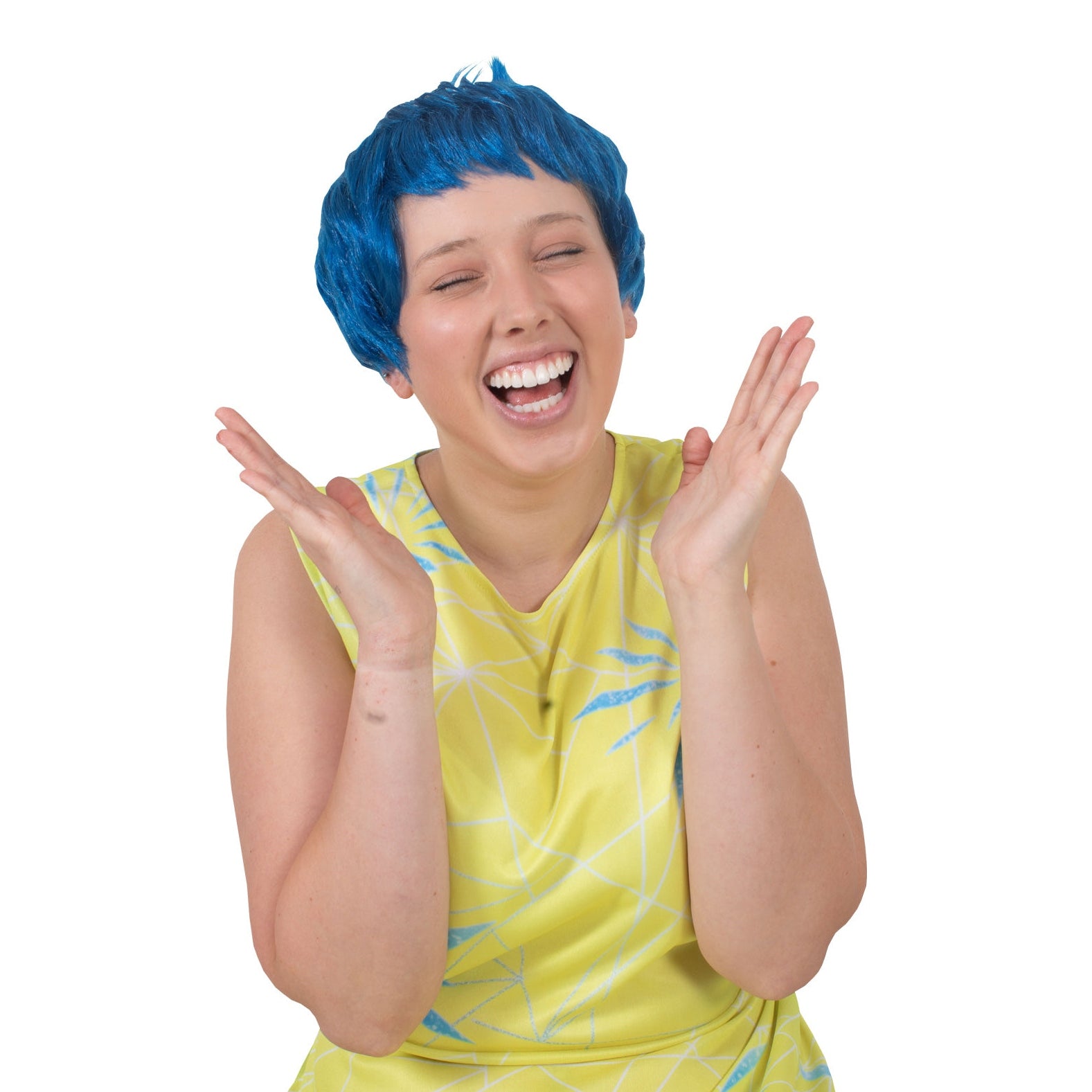 Female model dressed as Joy from Inside Out movie, with blue wig