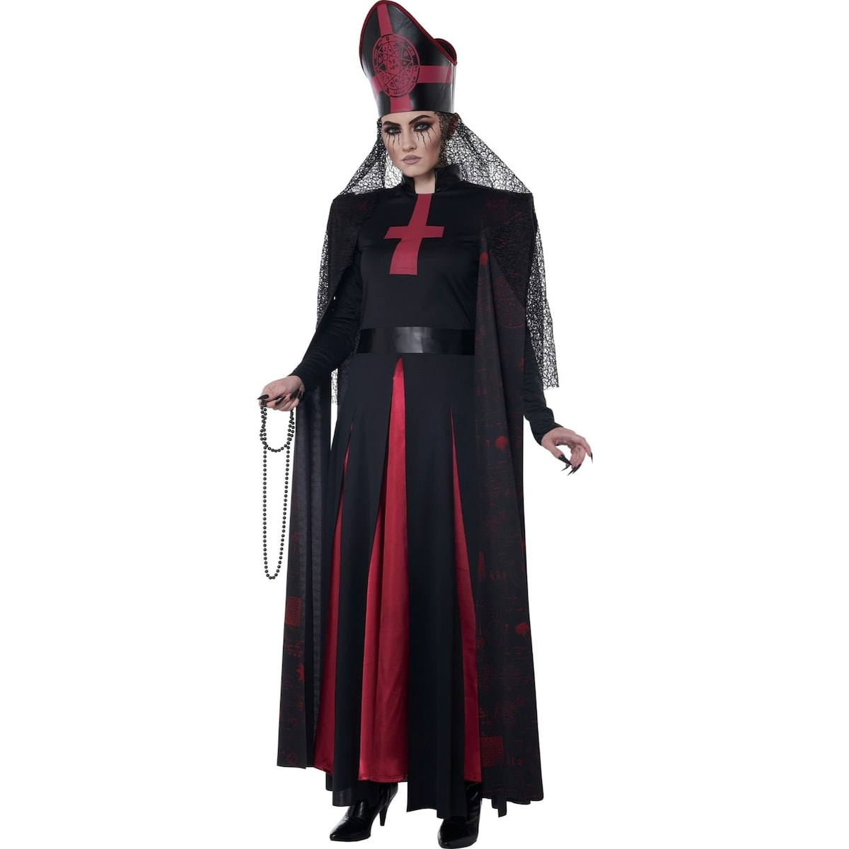 Gothic Occult Priestess Women's Costume with long flowing black robe, dramatic sleeves, and mystical accessories