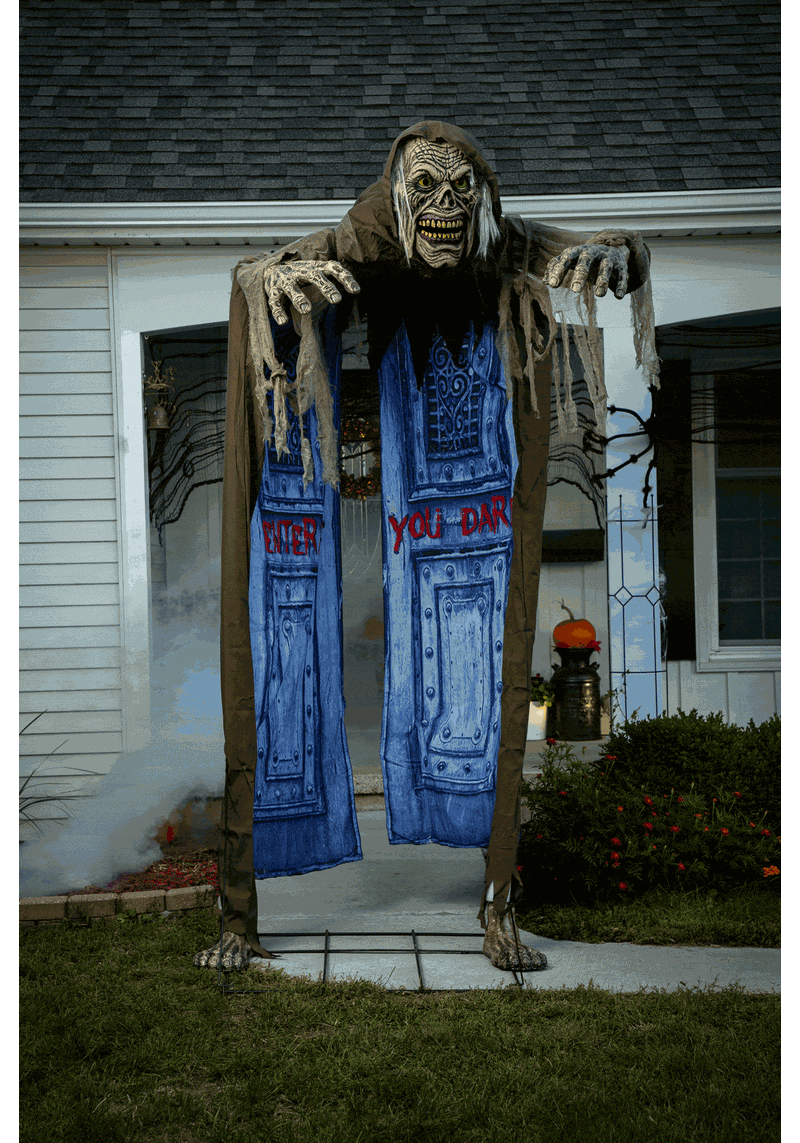 Looming Ghoul Animated Archway Prop, a terrifying and lifelike prop featuring an ominous figure and eerie sounds