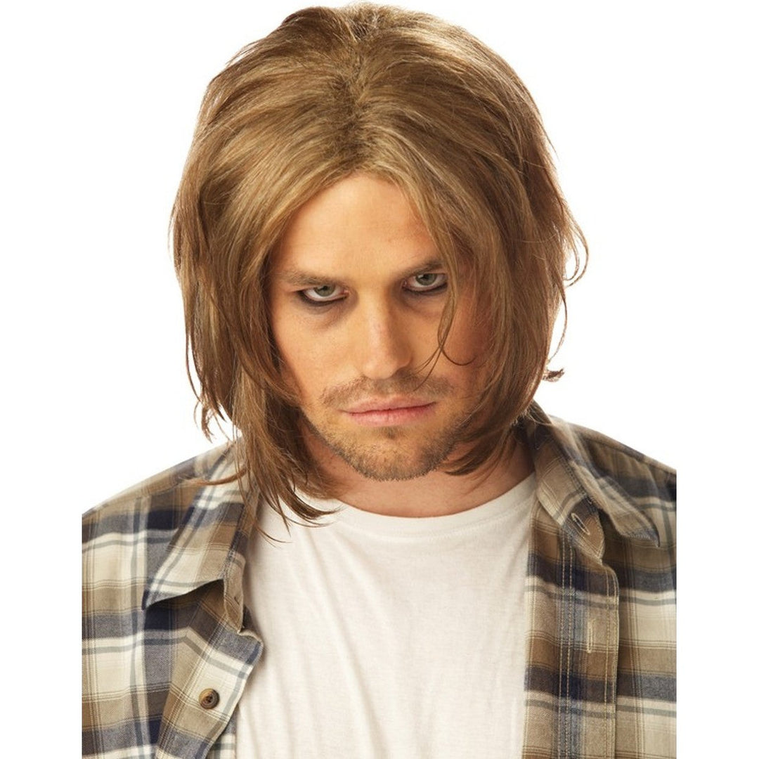 Long, wavy grunge wig in dark brown with messy texture and bangs