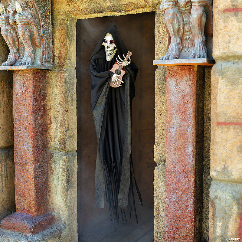 Hanging Singing Reaper with Guitar Animated Prop in Halloween Decor