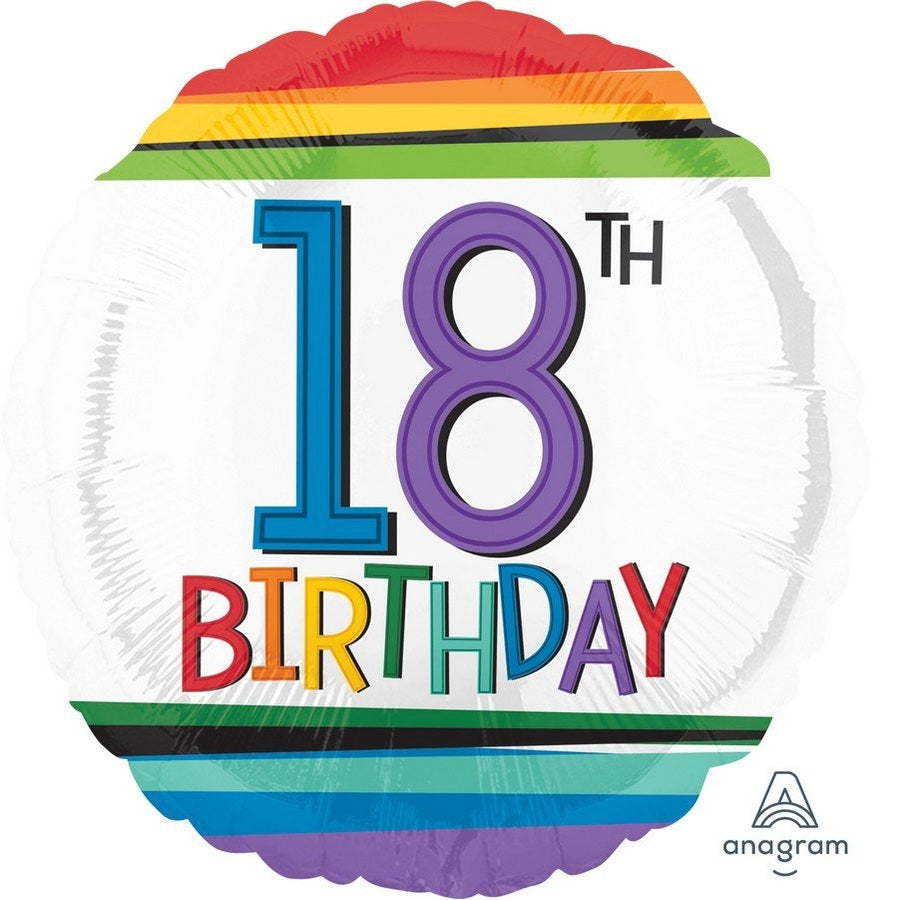 18th Birthday Rainbow Stripes Round Foil Balloon 45cm