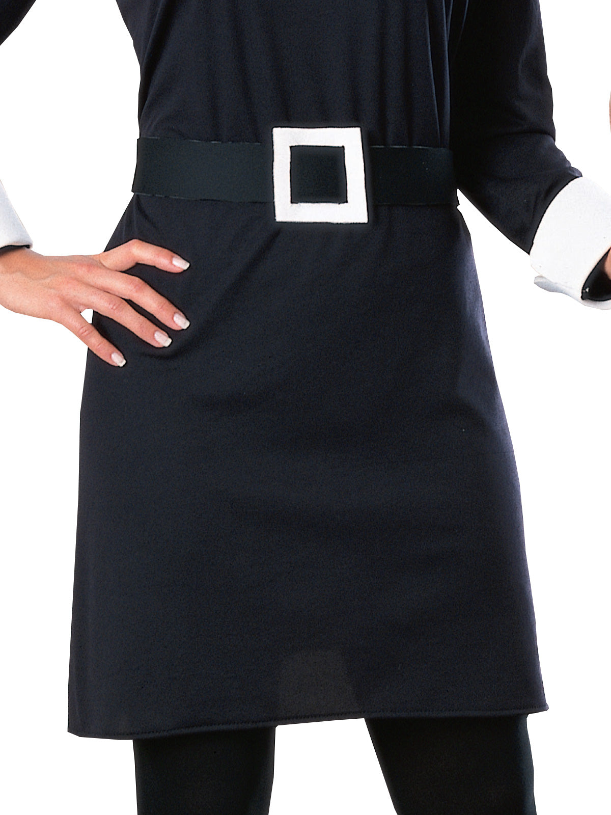 A black, gothic-inspired dress with white collar and cuffs
