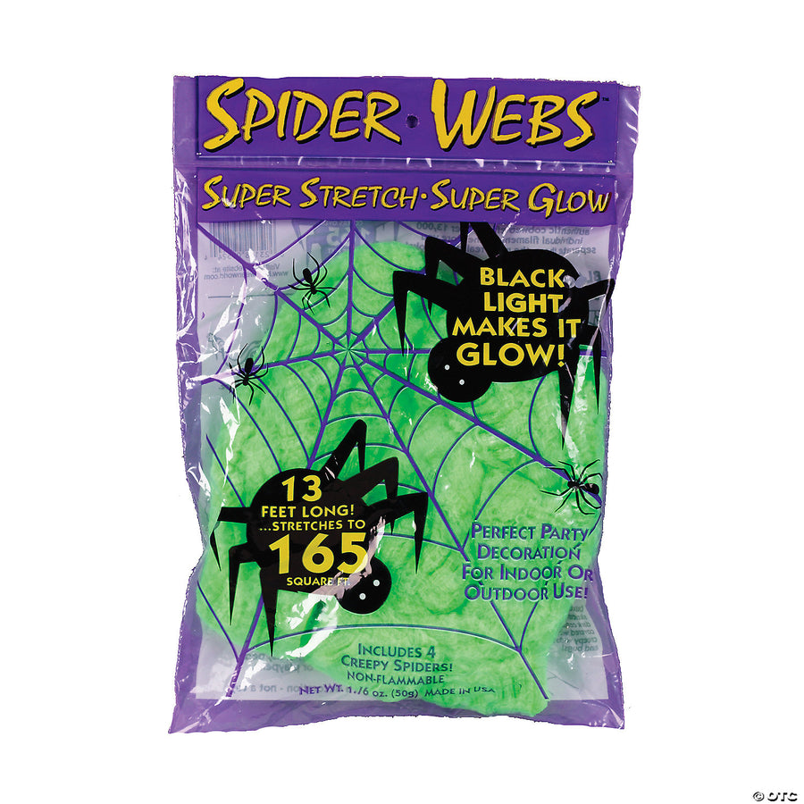 Alt text: 65 Sq Ft Super Stretch Glowing Green Spider Web Decoration for Halloween