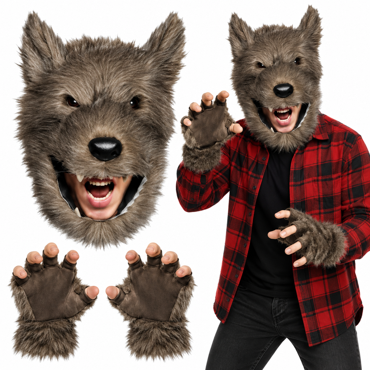A wolf costume accessory set shown on a white background, including a large furry wolf head mask with an open mouth, two matching fingerless clawed gloves, and a model wearing the mask and gloves with a red plaid shirt.