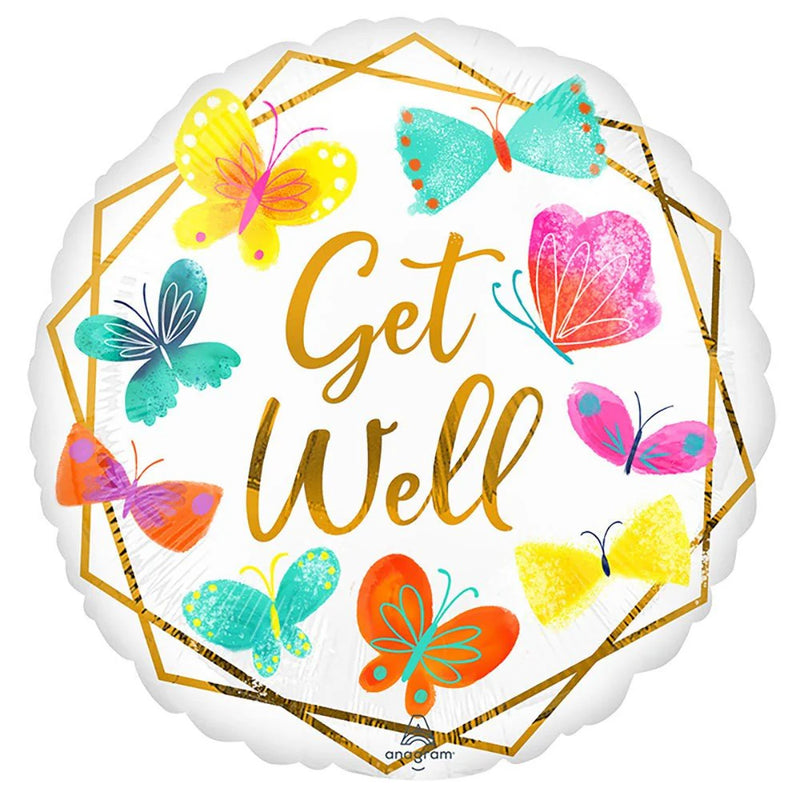Get Well Gold Geometric Butterfly Round Foil Balloon