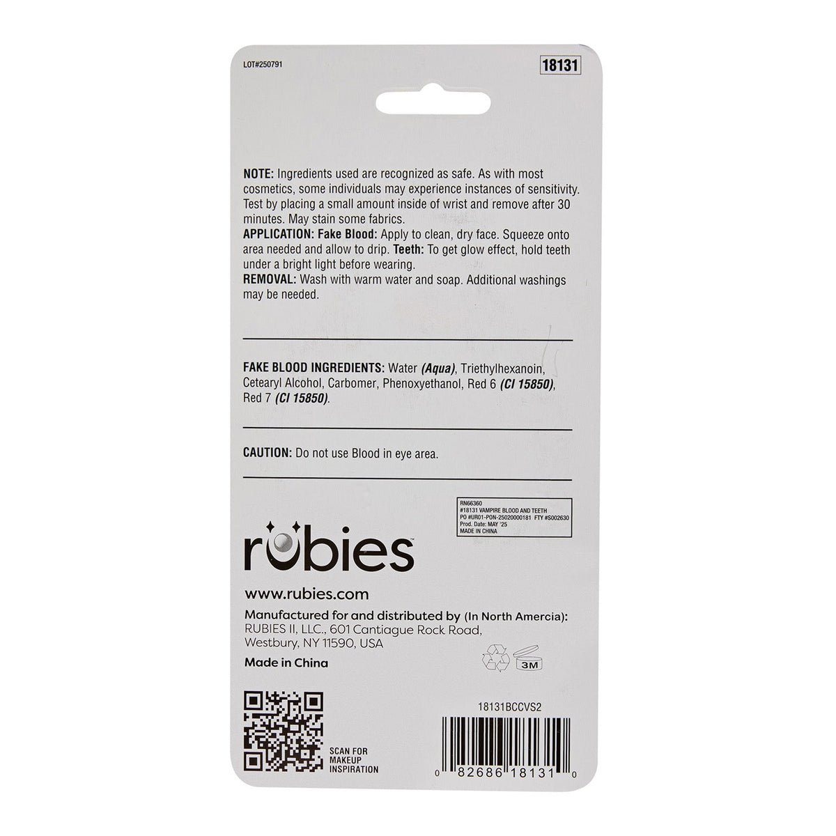 The back of a retail package for Rubies fake blood, showing product information, ingredients, warnings, a QR code, and a barcode on a white background.
