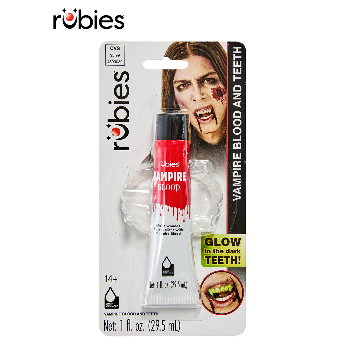 Rubies Vampire Blood and Teeth packaging with a woman in costume on a white background
