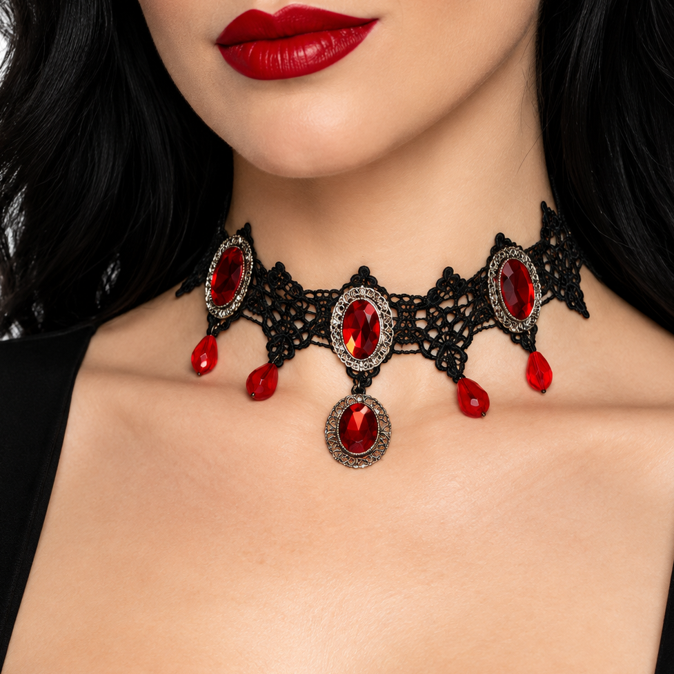 A close-up of a model wearing a gothic-style black lace choker necklace with red gemstone accents and dangling red teardrop charms, paired with a black top against a white background.