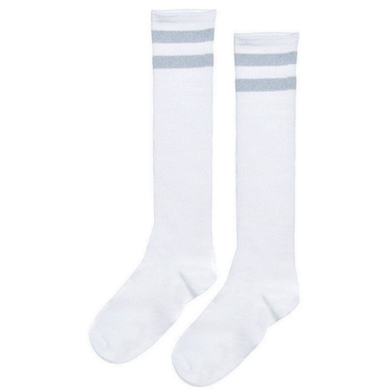 White Knee High Socks with Silver Stripes