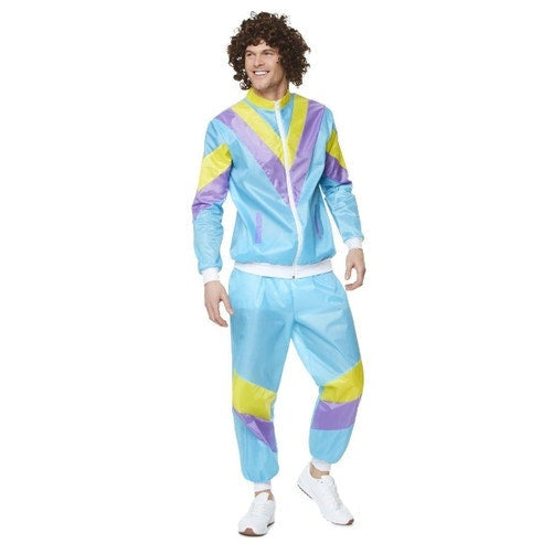 Blue 80s costume featuring a stand-up collar and side pockets