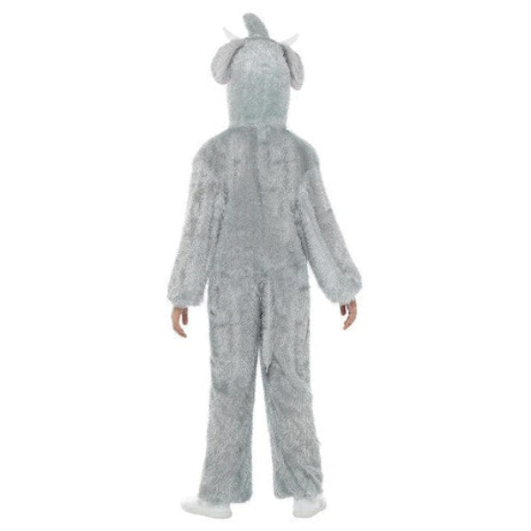 A child wearing a plush gray animal costume, shown from the back against a plain white background.