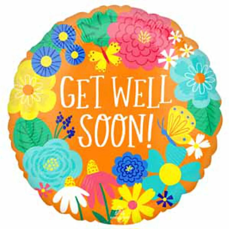 Get Well Soon Orange Floral Garden Round Foil Balloon