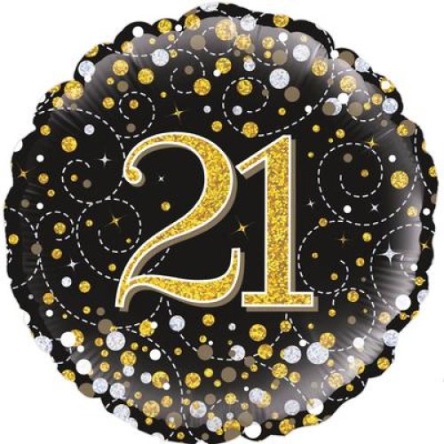 21st Birthday Black & Gold Holographic Glitter Dots Round Foil Balloon 45cm