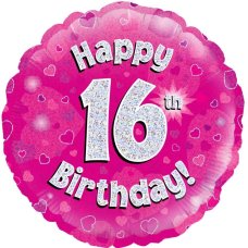 Happy 16th Birthday Pink Holographic Round Foil Balloon 45cm