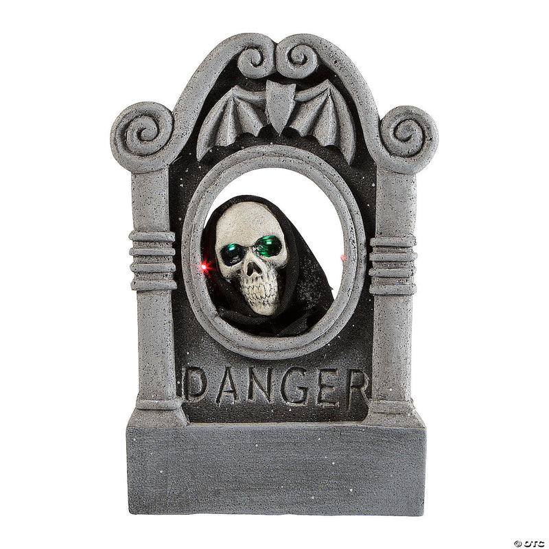 Realistic 22 Grey Tombstone with Light-Up Moving Skeleton Head for Scary Yard Decor