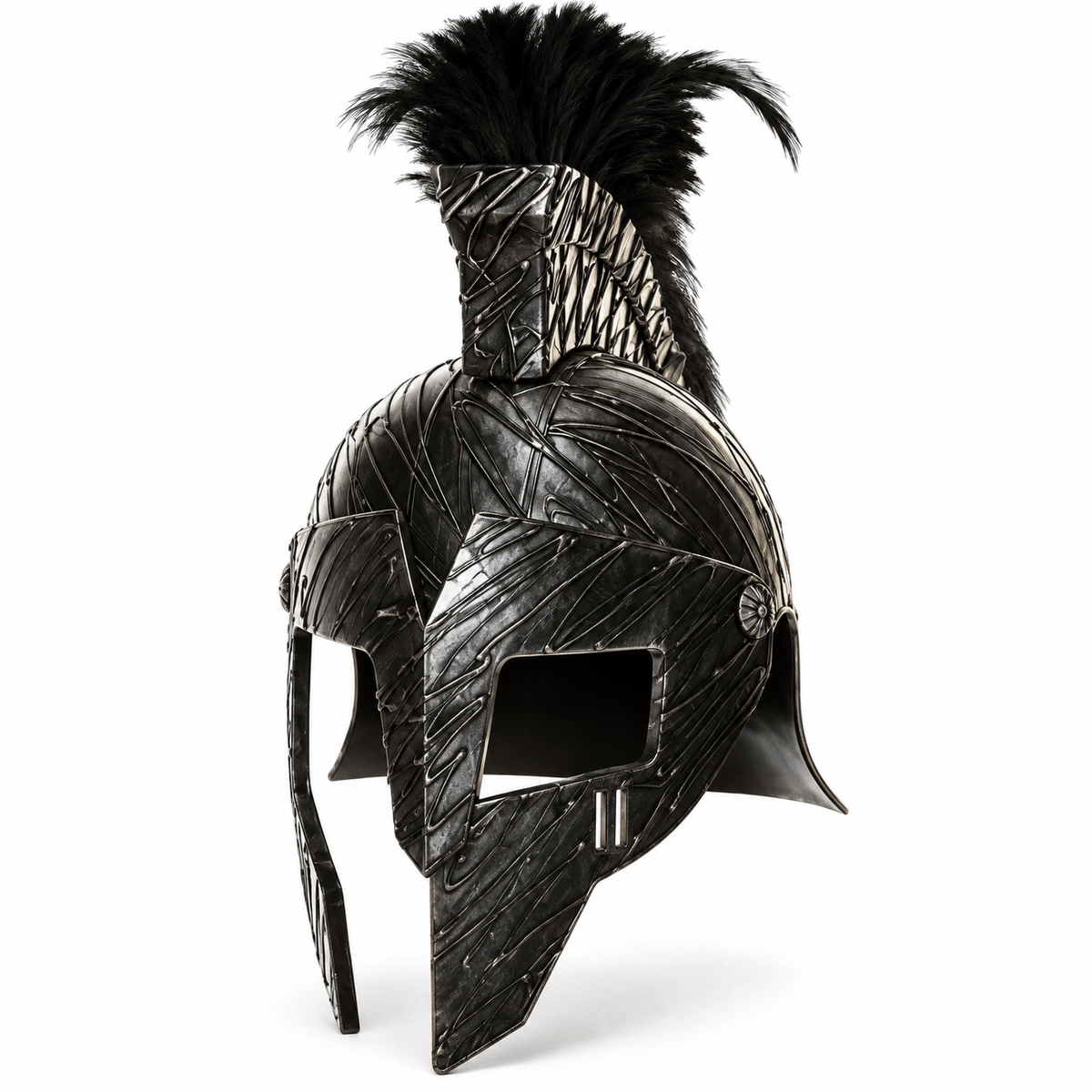 Dark Roman Helmet With Black Plume And Half Mask