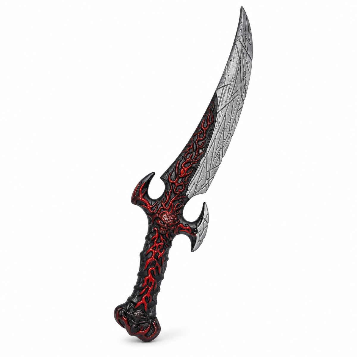 A fantasy-style curved sword with a metallic silver blade featuring engraved patterns, and a black hilt decorated with intricate red glowing filigree details, shown against a plain white background.