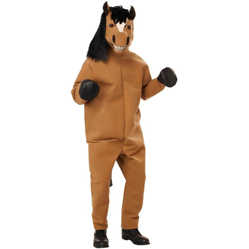 A person wearing a brown horse costume jumpsuit with a horse head mask, black mane, black gloves, and black shoes, standing against a plain white background.