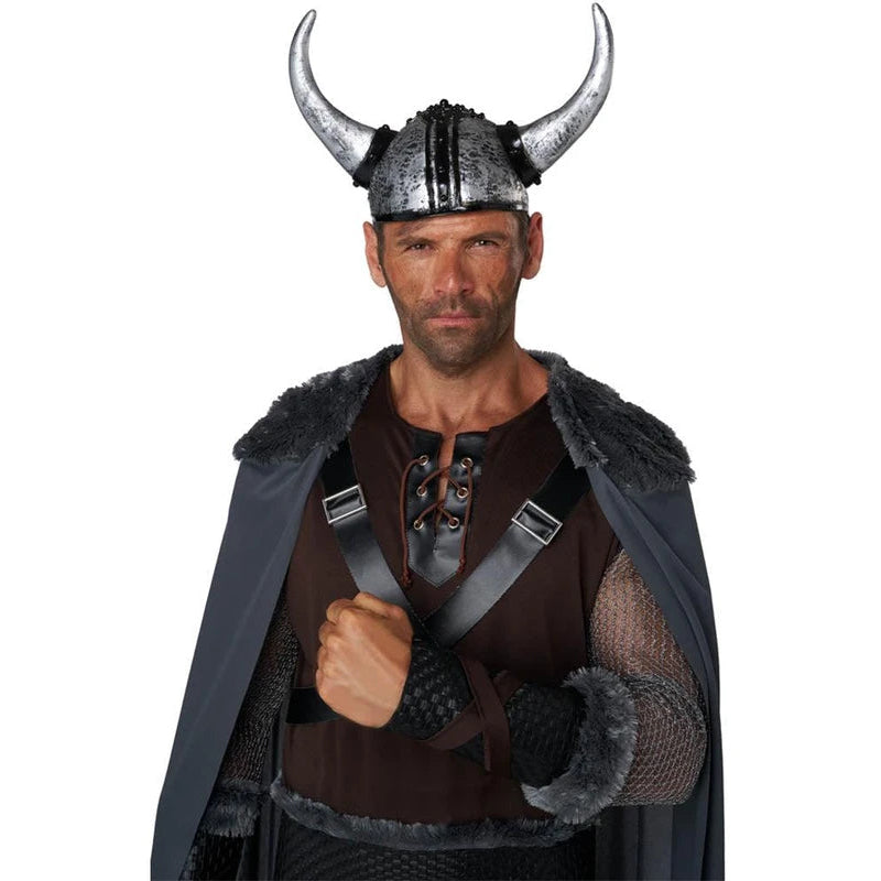 A man wearing a Viking costume with a horned helmet, dark brown tunic, chainmail-style sleeves, and a dark gray cape with faux-fur trim, isolated on a white background.