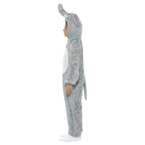 A child wearing a plush gray animal costume with a long trunk, floppy ears, and a tail, shown in side profile against a plain white background.