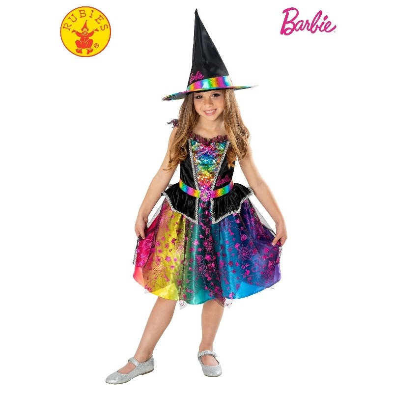 Barbie witch costume for kids with black dress and hat