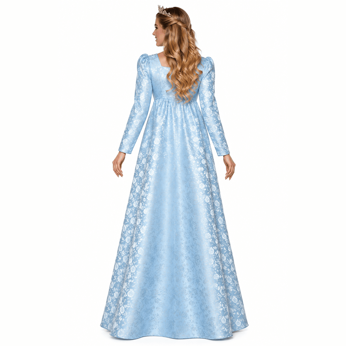A woman modeling a long light blue gown with a white floral pattern, shown from the back against a plain white background.