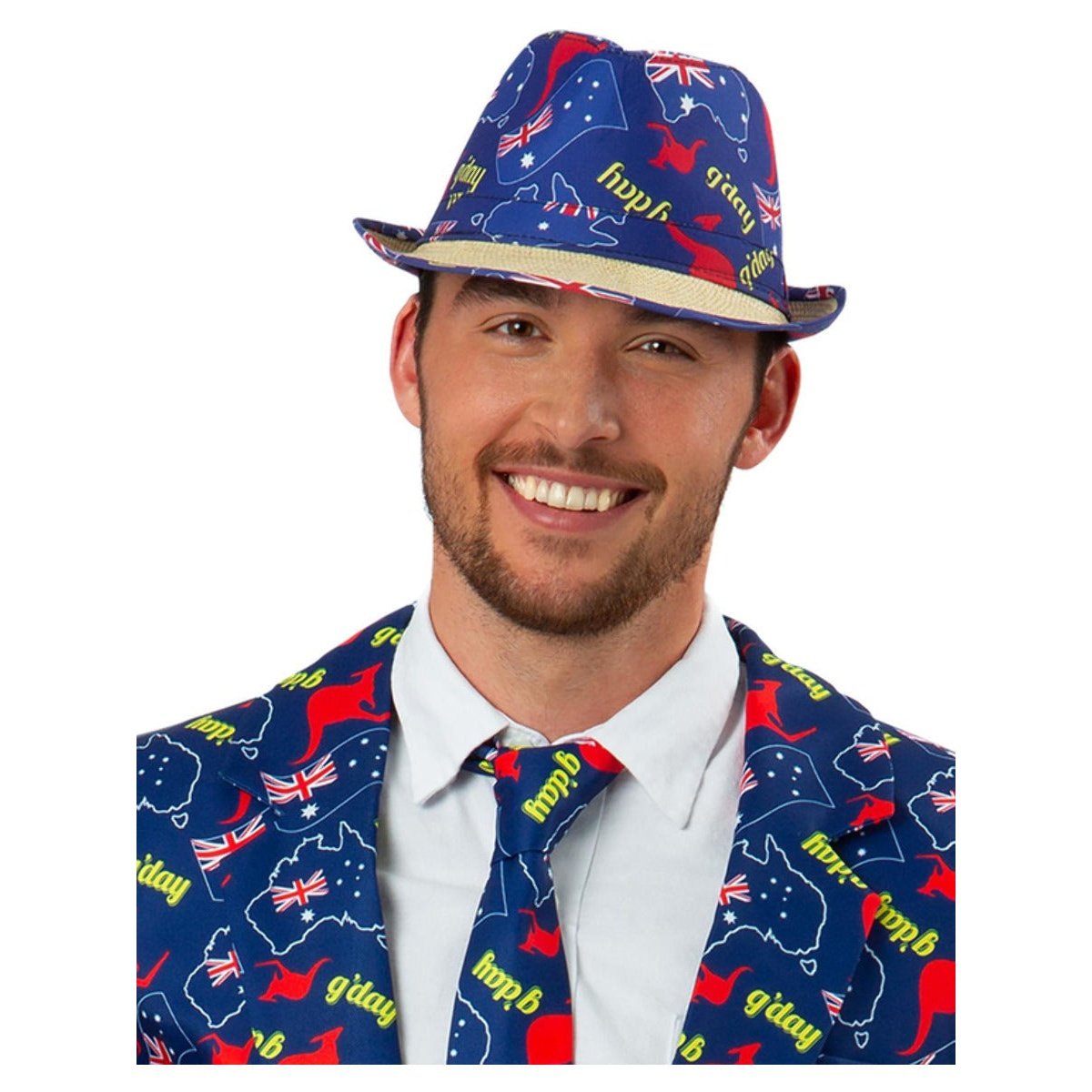 White trilby hat with Australia flag design, perfect for showing off Aussie pride on a sunny day at the beach or at a festival