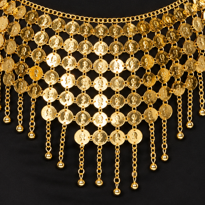 A gold coin belly dance belt with dangling chains and coin-shaped discs, worn over a black dress on a model.