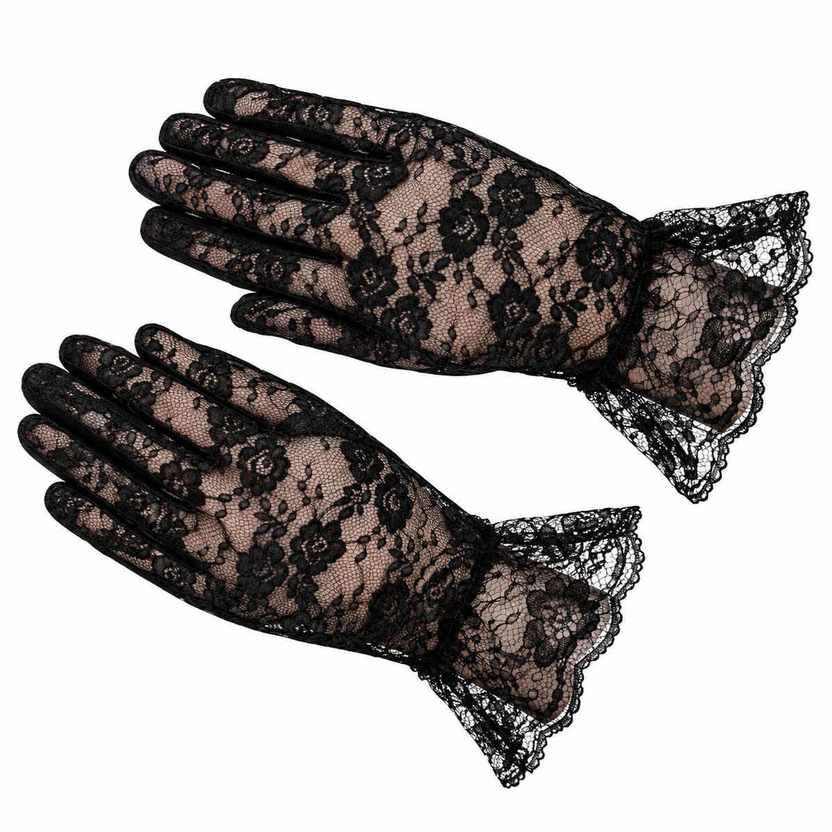 A pair of black lace opera gloves with floral patterns and ruffled cuffs, displayed on a solid white background.