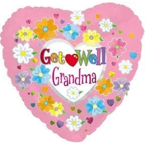 Get Well Grandma Pink Floral Heart Foil Balloon