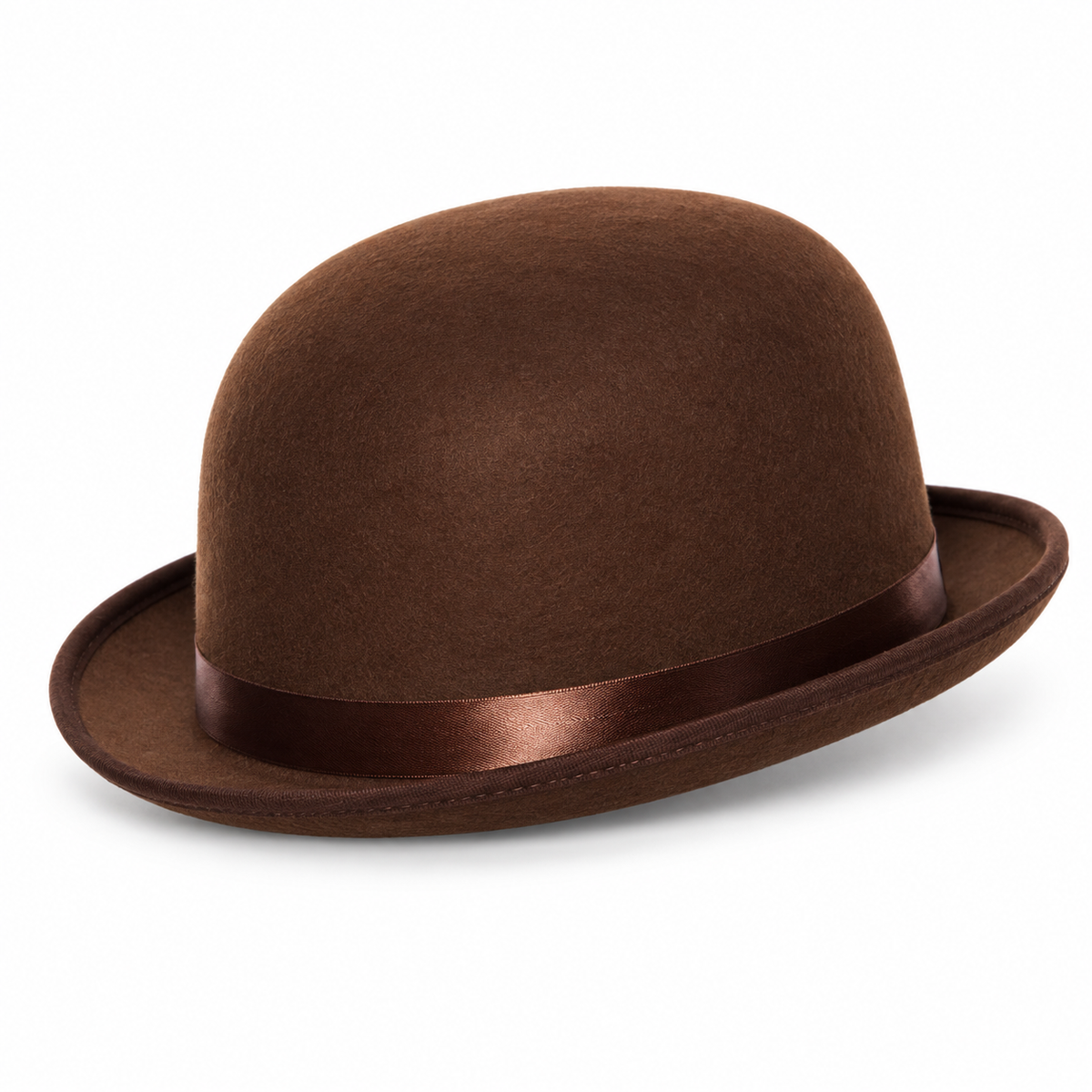 A classic brown felt bowler hat with a matching brown satin band, shown from a three-quarters angle on a clean white background.
