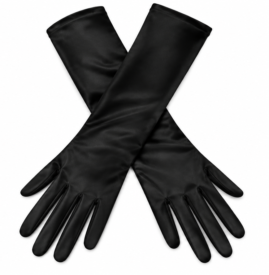 Two long satin gloves, one white and one black, arranged in an X shape on a plain white background.