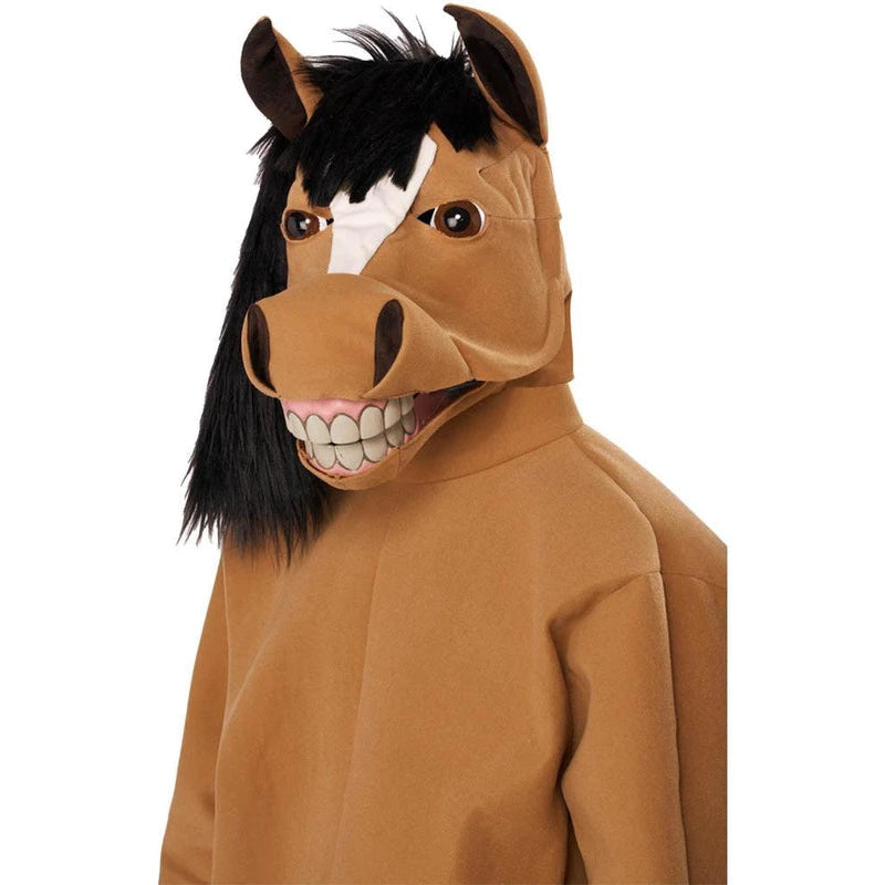 A person wearing a brown horse costume headpiece with black mane, white blaze, and a smiling mouth, shown against a plain white background.