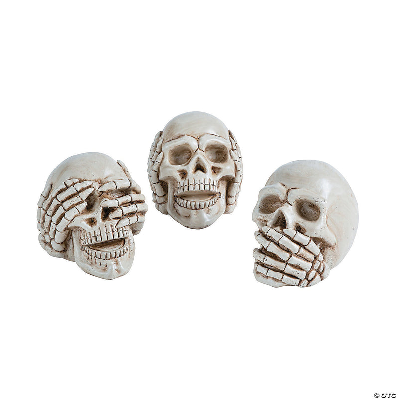 Three intricately designed and hand-painted skull sculptures in resin, embodying the principles of 'Hear no Evil, See no Evil, Speak no Evil'